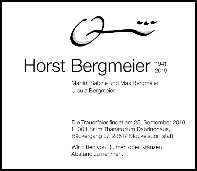  Traueranzeige für Horst Bergmeier vom 15.09.2019 aus Lübecker Nachrichten