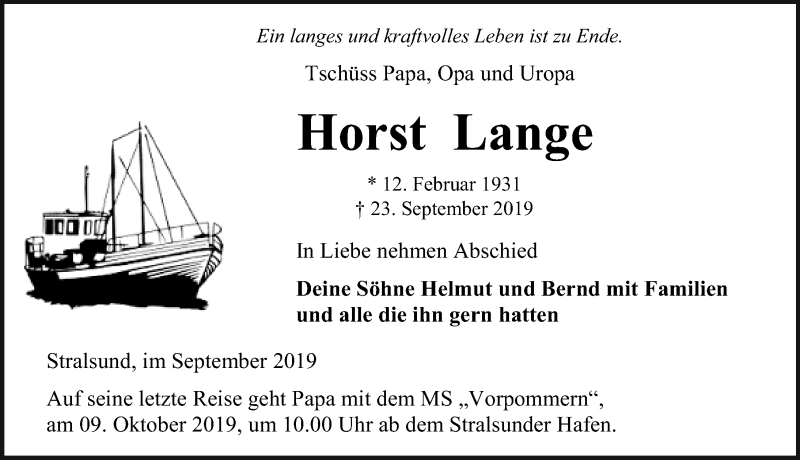  Traueranzeige für Horst Lange vom 28.09.2019 aus Ostsee-Zeitung GmbH