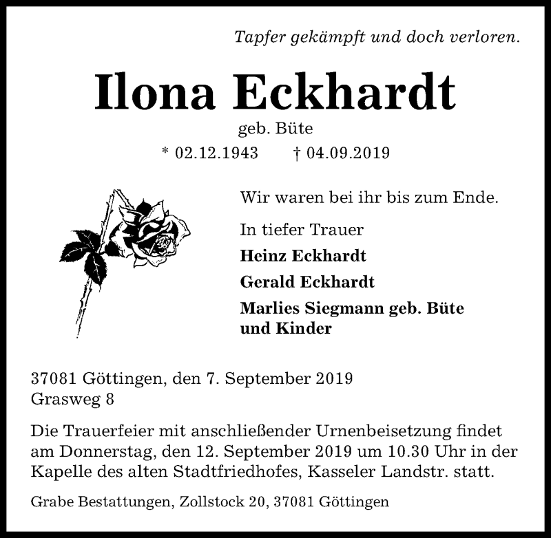  Traueranzeige für Ilona Eckhardt vom 07.09.2019 aus Göttinger Tageblatt