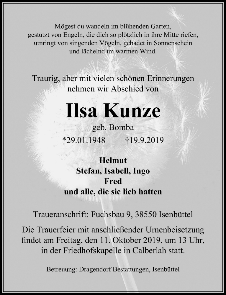  Traueranzeige für Ilsa Kunze vom 28.09.2019 aus Aller Zeitung