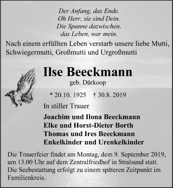 Traueranzeige von Ilse Beeckmann von Ostsee-Zeitung GmbH