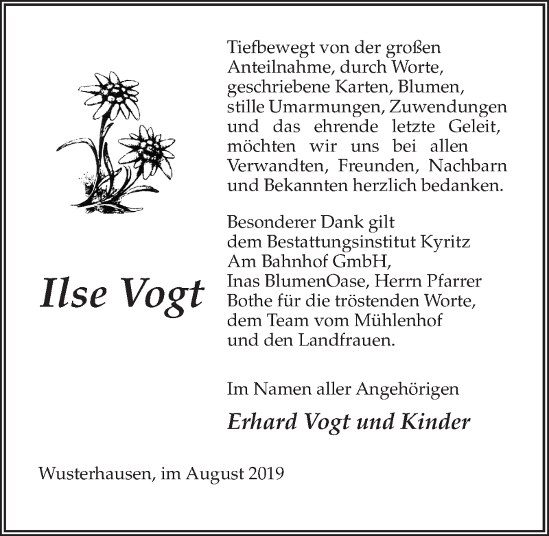  Traueranzeige für Ilse Vogt vom 24.08.2019 aus Märkischen Allgemeine Zeitung