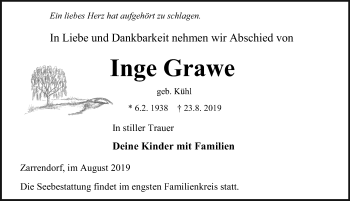 Traueranzeige von Inge Grawe von Ostsee-Zeitung GmbH