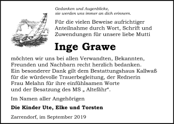 Traueranzeige von Inge Grawe von Ostsee-Zeitung GmbH