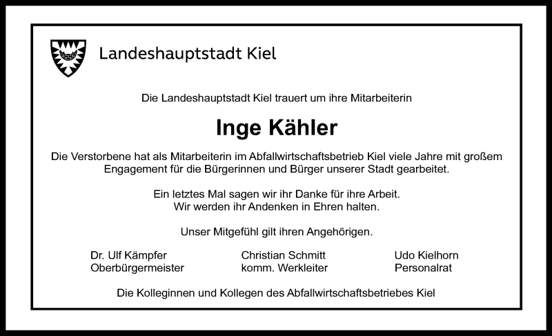  Traueranzeige für Inge Kähler vom 21.09.2019 aus Kieler Nachrichten