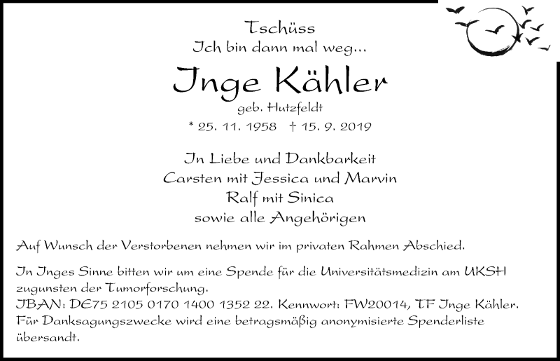  Traueranzeige für Inge Kähler vom 21.09.2019 aus Kieler Nachrichten