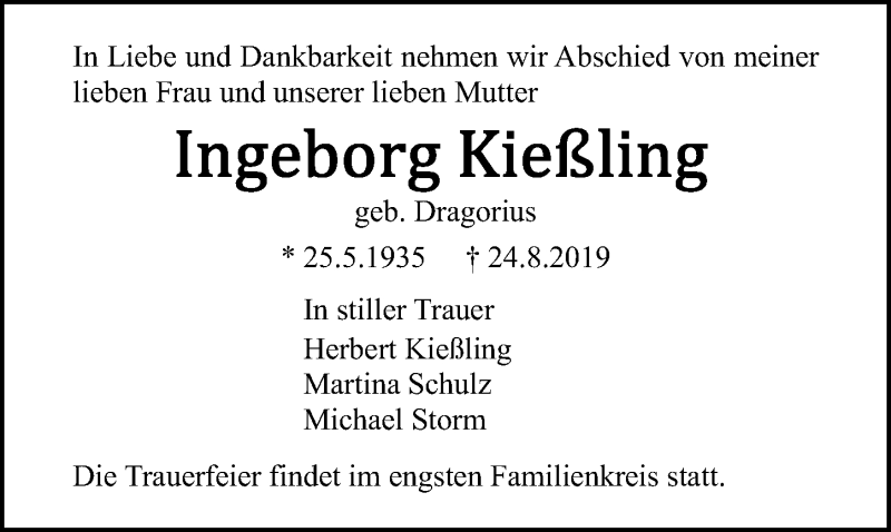  Traueranzeige für Ingeborg Kießling vom 31.08.2019 aus Ostsee-Zeitung GmbH
