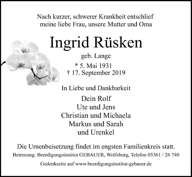  Traueranzeige für Ingrid Rüsken vom 25.09.2019 aus Aller Zeitung