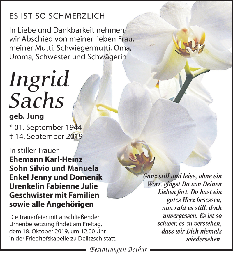  Traueranzeige für Ingrid Sachs vom 21.09.2019 aus Leipziger Volkszeitung