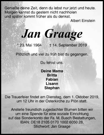 Traueranzeige von Jan Graage von Kieler Nachrichten