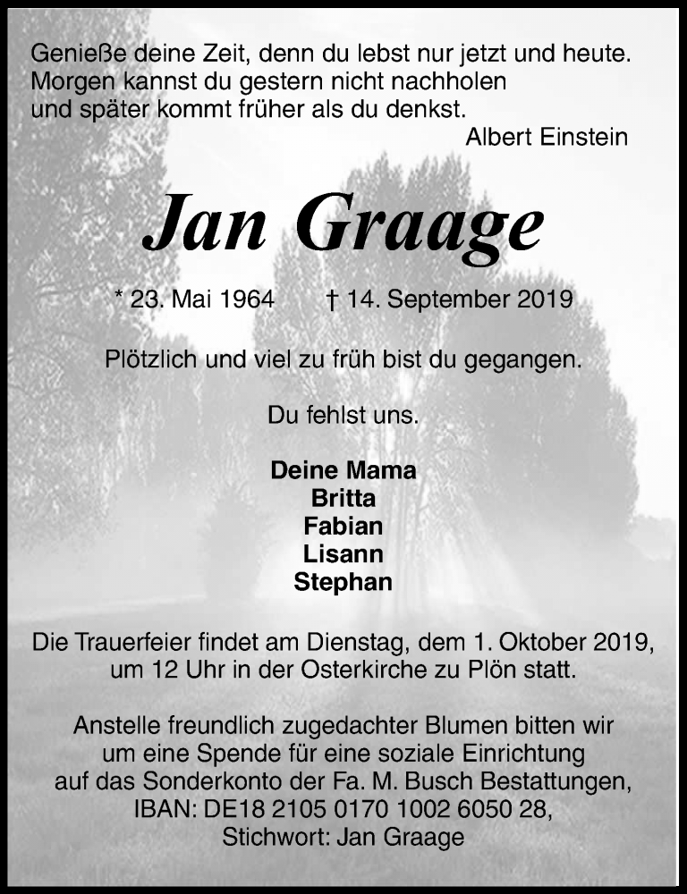  Traueranzeige für Jan Graage vom 25.09.2019 aus Kieler Nachrichten