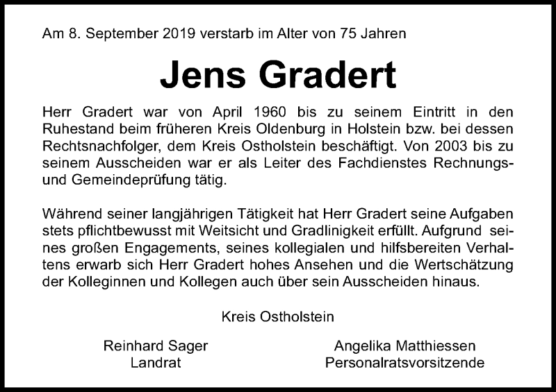  Traueranzeige für Jens Gradert vom 14.09.2019 aus Lübecker Nachrichten