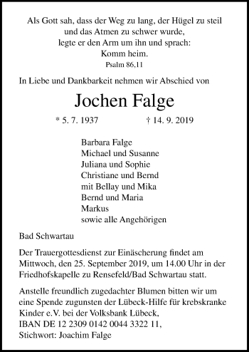 Traueranzeige von Jochen Falge von Lübecker Nachrichten