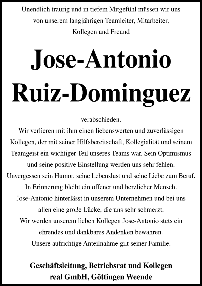  Traueranzeige für Jose-Antonio Ruiz-Dominguez vom 21.09.2019 aus Göttinger Tageblatt