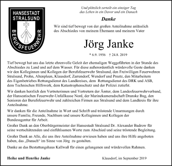 Traueranzeige von Jörg Janke von Ostsee-Zeitung GmbH