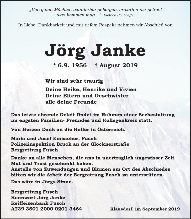  Traueranzeige für Jörg Janke vom 14.09.2019 aus Ostsee-Zeitung GmbH
