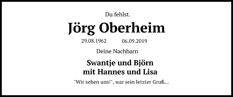  Traueranzeige für Jörg Oberheim vom 14.09.2019 aus Göttinger Tageblatt