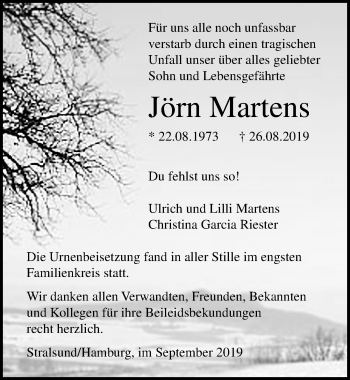 Traueranzeige von Jörn Martens von Ostsee-Zeitung GmbH