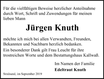 Traueranzeige von Jürgen Knuth von Ostsee-Zeitung GmbH