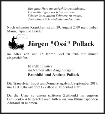 Traueranzeige von Jürgen Pollack von Märkischen Allgemeine Zeitung