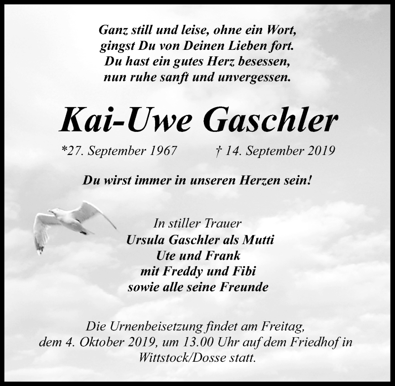  Traueranzeige für Kai-Uwe Gaschler vom 21.09.2019 aus Märkischen Allgemeine Zeitung
