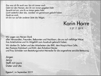 Traueranzeige von Karin Harre von Hannoversche Allgemeine Zeitung/Neue Presse