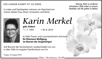 Traueranzeige von Karin Merkel von Torgauer Zeitung
