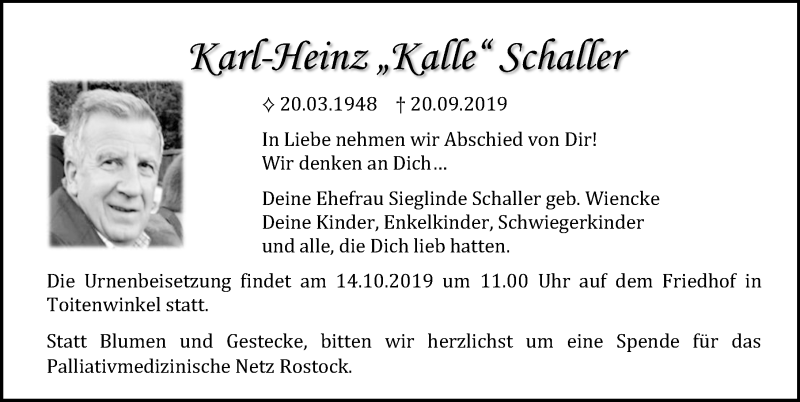  Traueranzeige für Karl-Heinz Schaller vom 28.09.2019 aus Ostsee-Zeitung GmbH