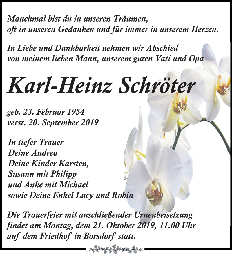  Traueranzeige für Karl-Heinz Schröter vom 28.09.2019 aus Leipziger Volkszeitung