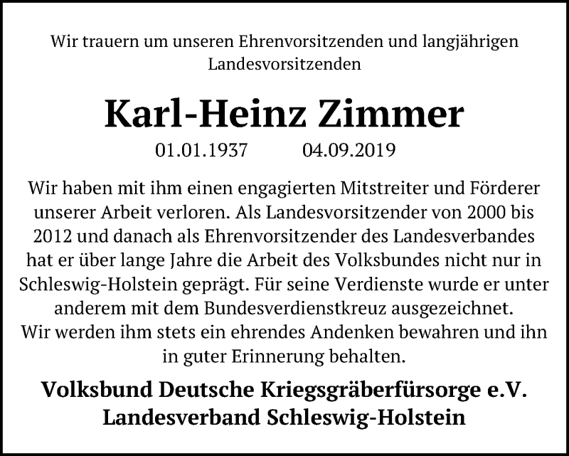  Traueranzeige für Karl-Heinz Zimmer vom 07.09.2019 aus Kieler Nachrichten