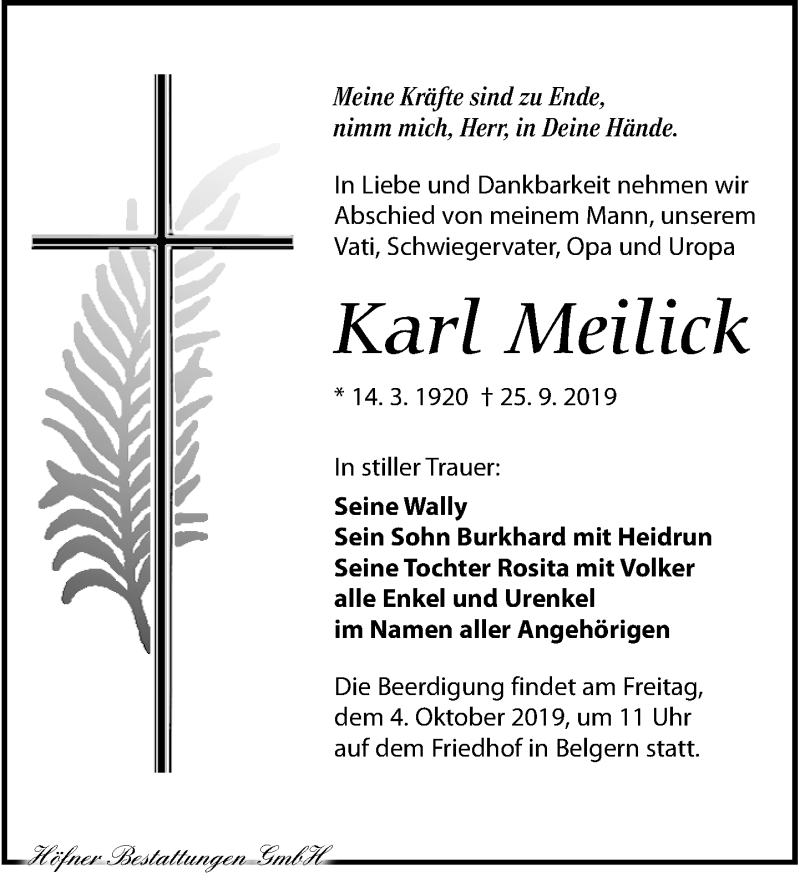  Traueranzeige für Karl Meilick vom 28.09.2019 aus Torgauer Zeitung