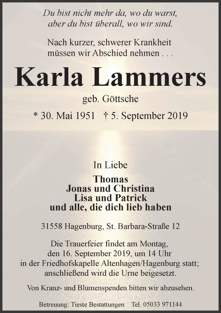  Traueranzeige für Karla Lammers vom 10.09.2019 aus Hannoversche Allgemeine Zeitung/Neue Presse