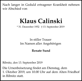 Traueranzeige von Klaus Calinski von Ostsee-Zeitung GmbH