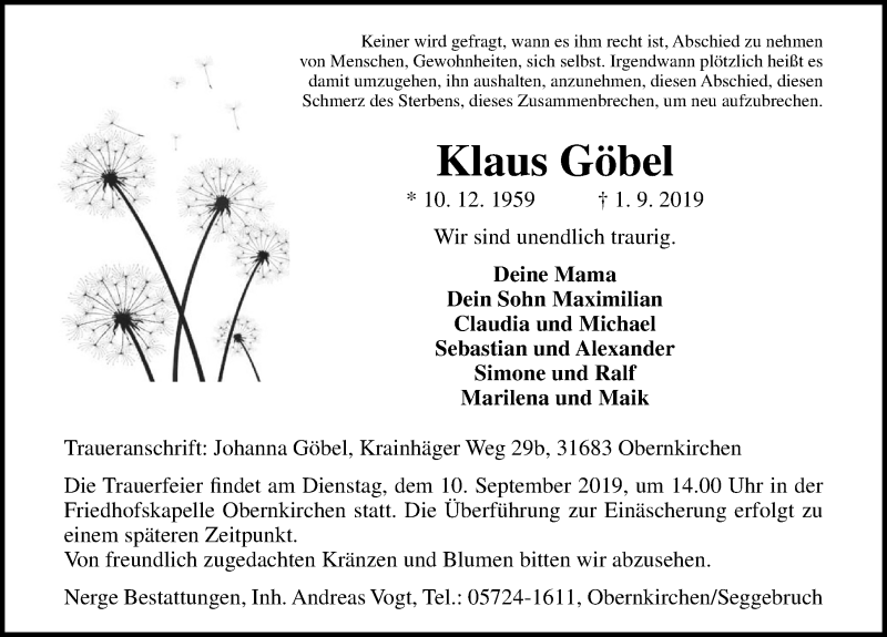  Traueranzeige für Klaus Göbel vom 04.09.2019 aus Schaumburger Nachrichten