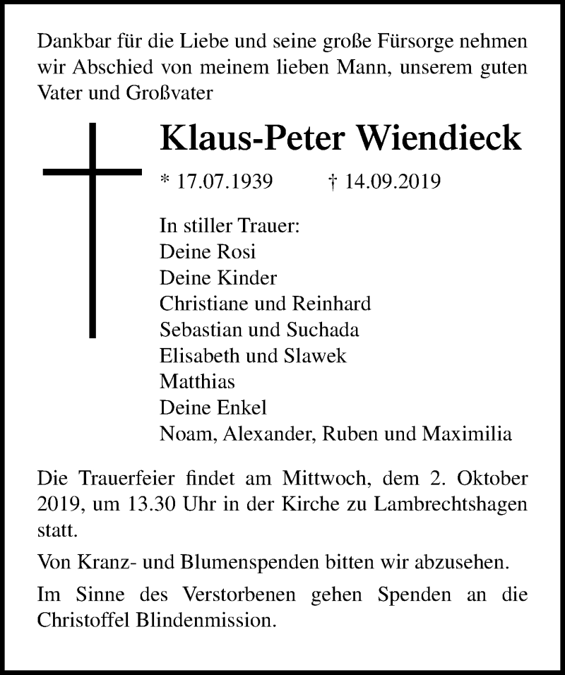  Traueranzeige für Klaus-Peter Wiendieck vom 21.09.2019 aus Ostsee-Zeitung GmbH