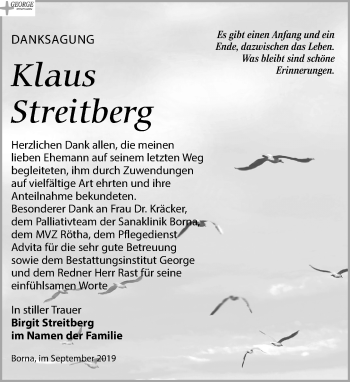 Traueranzeige von Klaus Streitberg von Leipziger Volkszeitung