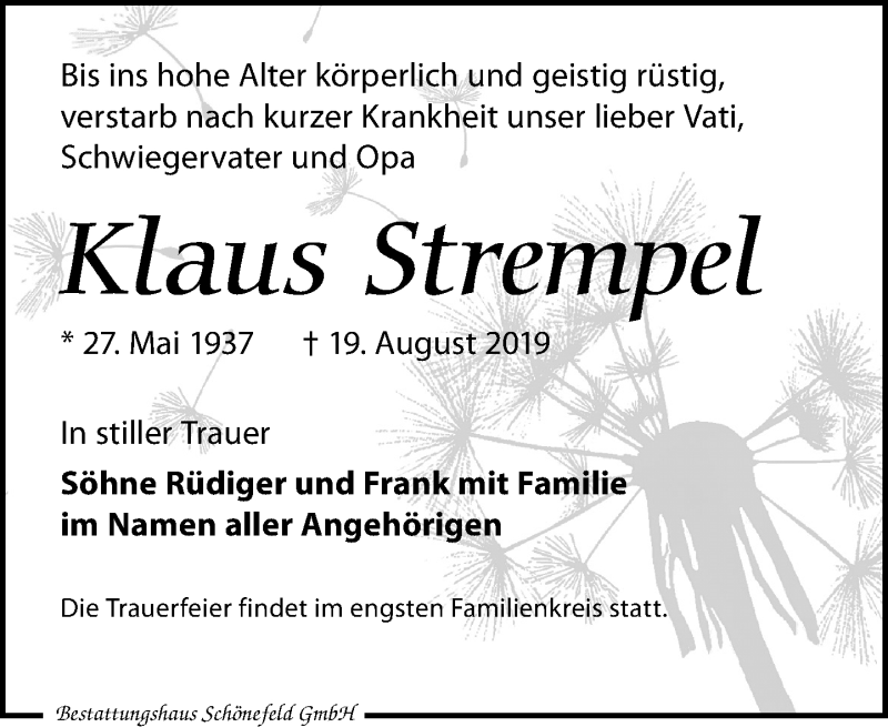  Traueranzeige für Klaus Strempel vom 07.09.2019 aus Leipziger Volkszeitung