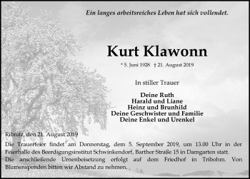 Traueranzeige von Kurt Klawonn von Ostsee-Zeitung GmbH