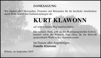 Traueranzeige von Kurt Klawonn von Ostsee-Zeitung GmbH