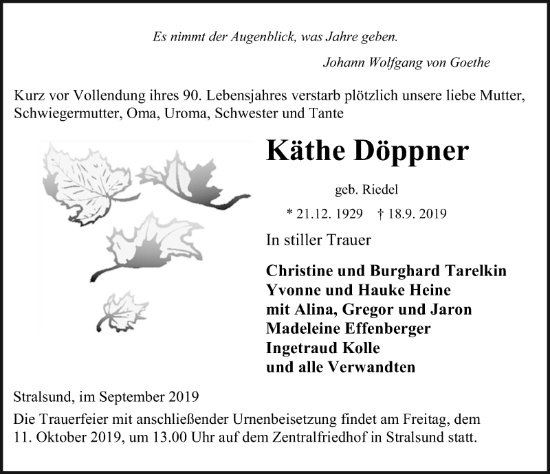  Traueranzeige für Käthe Döppner vom 21.09.2019 aus Ostsee-Zeitung GmbH