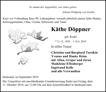 Traueranzeige von Käthe Döppner von Ostsee-Zeitung GmbH