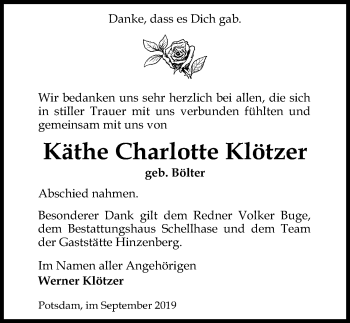 Traueranzeige von Käthe Charlotte Klötzer von Märkischen Allgemeine Zeitung