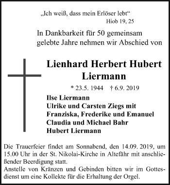 Traueranzeige von Lienhard Herbert Hubert Liermann von Ostsee-Zeitung GmbH