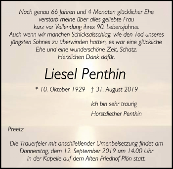 Traueranzeige von Liesel Penthin von Kieler Nachrichten