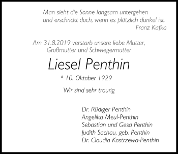 Traueranzeige von Liesel Penthin von Kieler Nachrichten