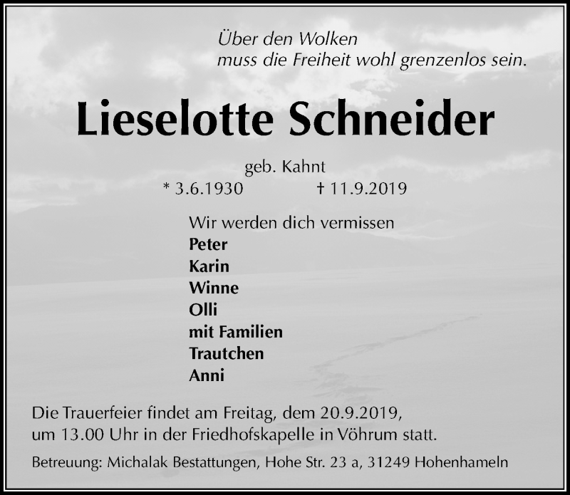  Traueranzeige für Lieselotte Schneider vom 14.09.2019 aus Peiner Allgemeine Zeitung