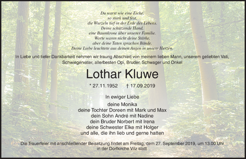  Traueranzeige für Lothar Kluwe vom 21.09.2019 aus Ostsee-Zeitung GmbH