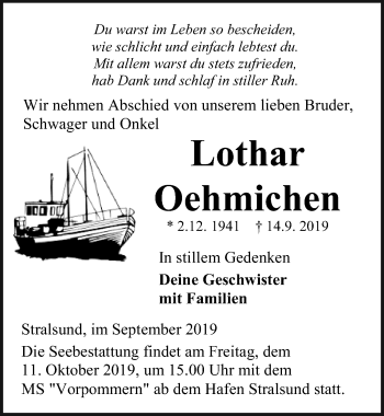 Traueranzeige von Lothar Oehmichen von Ostsee-Zeitung GmbH