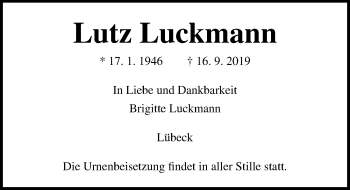 Traueranzeige von Lutz Luckmann von Lübecker Nachrichten