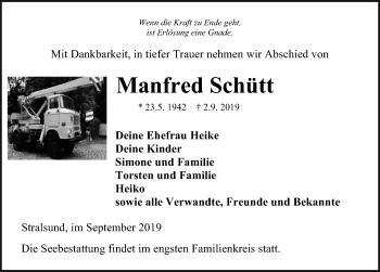 Traueranzeige von Manfred Schütt von Ostsee-Zeitung GmbH